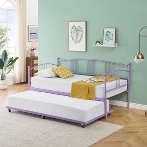 Twin Daybed with Trundle & Casters, Metal Frame Pullout Sleeper with Steel Slats, for Living Room Bedroom Guest Room Use - 1 of 4