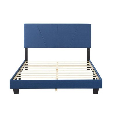 W63.8”xL83”x44”H Queen Size Platform Bed Frame with Upholstered Headboard and wood slats support Navy Blue