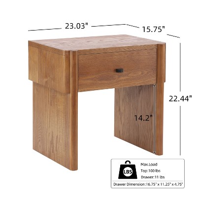 Wooden nightstand with a single drawer, measuring 23.03 inches wide, 15.75 inches deep, and 22.44 inches high, with a drawer dimension of 16.75 x 11.25 x 4.75 inches and a maximum load of 100 lbs on top and 11 lbs in the drawer.