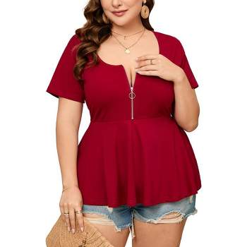Whizmax Women Plus Size Sexy Half Zipper T-shirt Dressy Blouses Short Sleeve Babydoll Peplum Summer Tops
