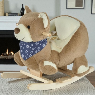 Mshliw Baby Rocking Horse with Music and Safety Belt, Wooden Ride-On Toy with Pedals, Plush Bear Rocker for 18–36 Months Toddlers