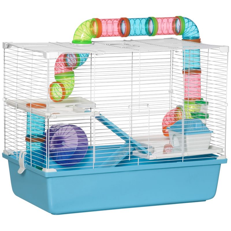 PawHut Large Hamster Cage and Habitat, 3-Level Steel Rat Cage, Small Animal House, with Tube Tunnels, Exercise Wheel, 23" x 14" x 18.5", Light Blue, 1 of 8