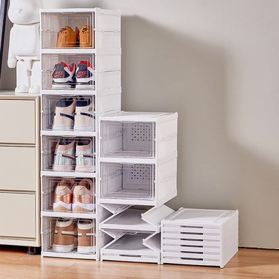 12 Pack Shoe Storage Box, Plastic Stackable Shoe Organizer for Closet, Space Saving Foldable Shoe Rack Sneaker Container Bin Holder