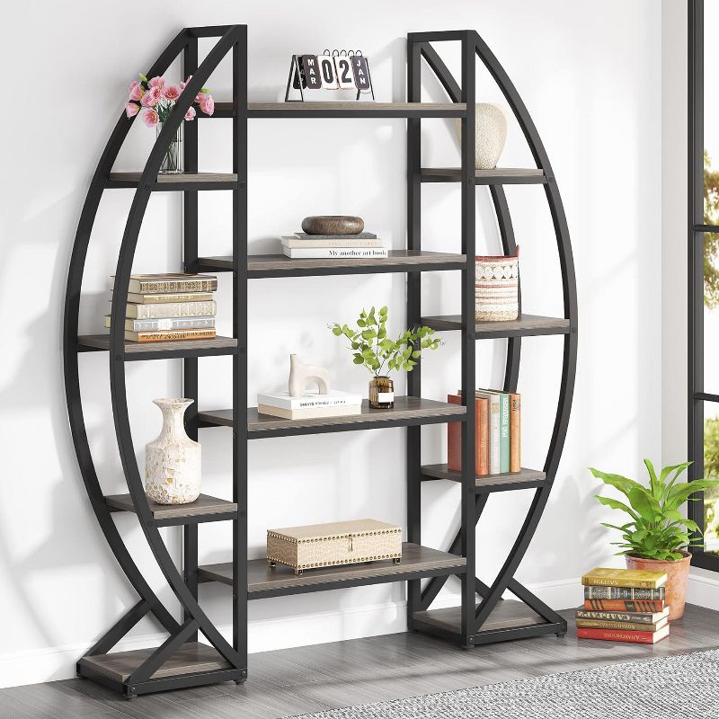 Tribesigns 55" Oval Bookshelf, Triple Wide 5 Tier Etagere Bookcase, Industrial Display Shelves for Living Room, 4 of 9