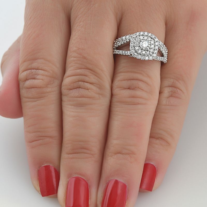 Pompeii3 1 1/10 Ct Lab Created Diamond Cushion Halo Engagement Wedding Ring Set White Gold, 4 of 6