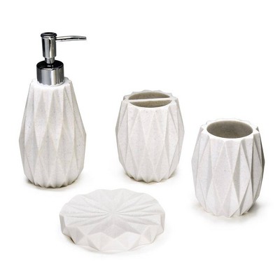 Kralix 4pc Diamond Resin Bath Accessory Set White: Includes Toothbrush Holder, Lotion Dispenser, Elegant Design