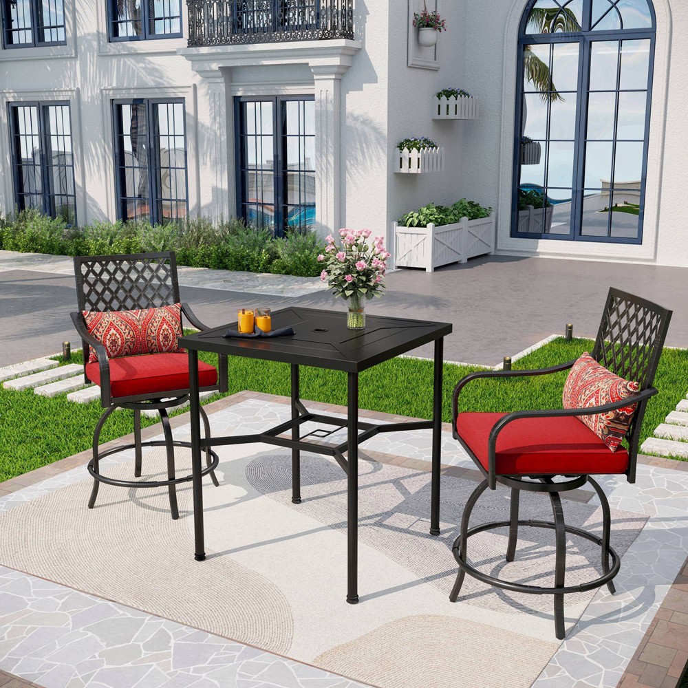 3pc Outdoor Bar Set with Swivel Stools & Square Metal Table with Umbrella Hole - Captiva Designs: Patio Furniture Set with Cushions