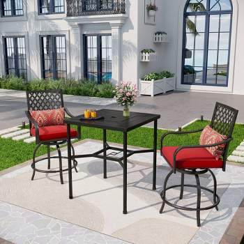 3pc Outdoor Bar Set with Swivel Stools & Square Metal Table with Umbrella Hole - Captiva Designs