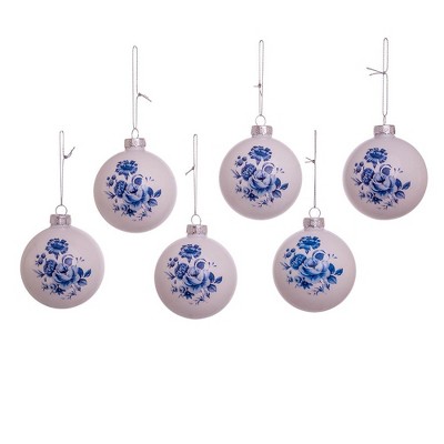 Delft Blue Floral Glass Ball Christmas Ornaments, Set of 6