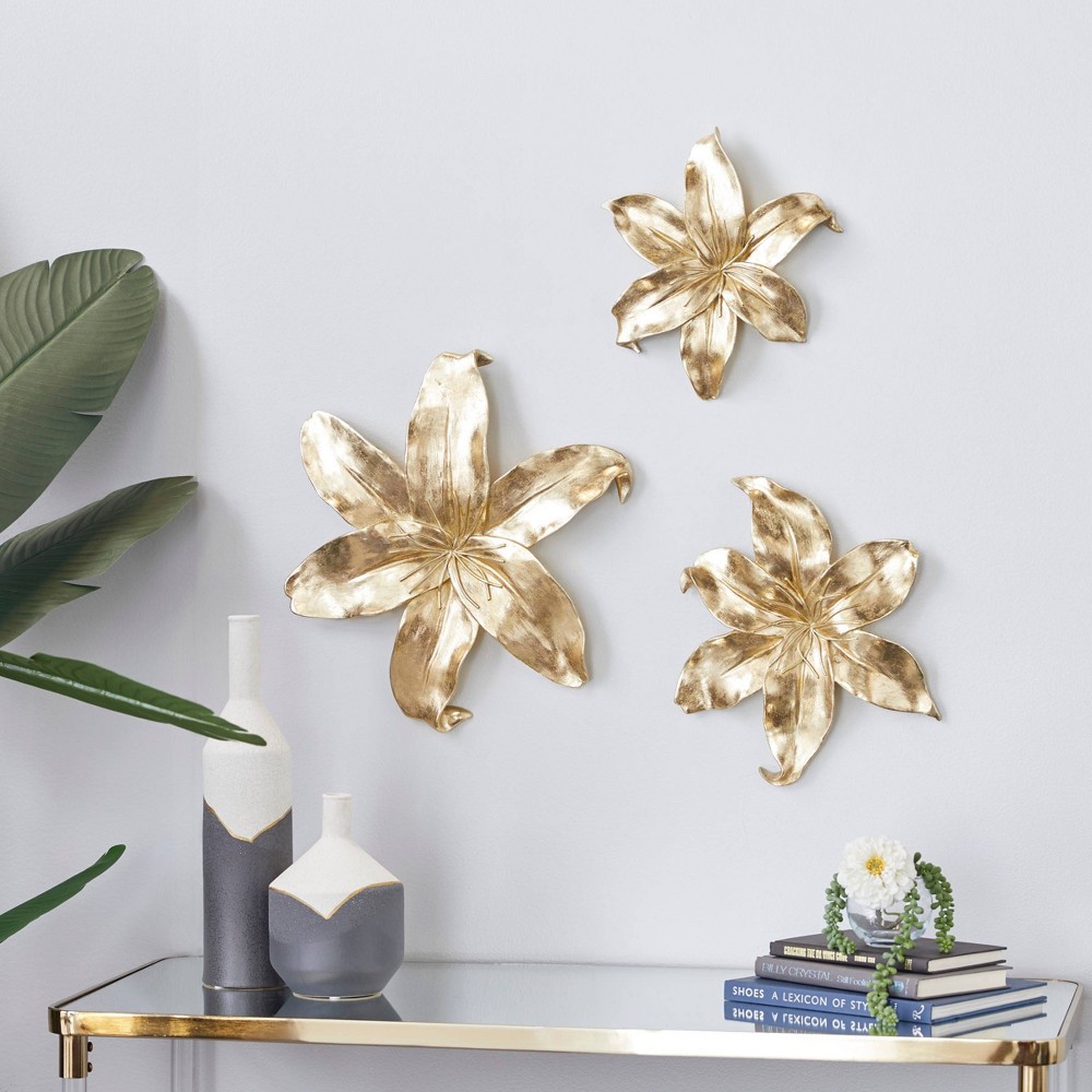Photos - Wallpaper Set of 3 Polystone 3D Floral Wall Decors Gold - Olivia & May