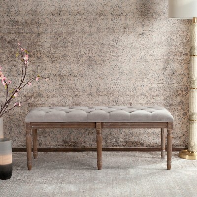 Rocha 47'' Grey Velvet Tufted Transitional Wood Bench in Rustic Oak
