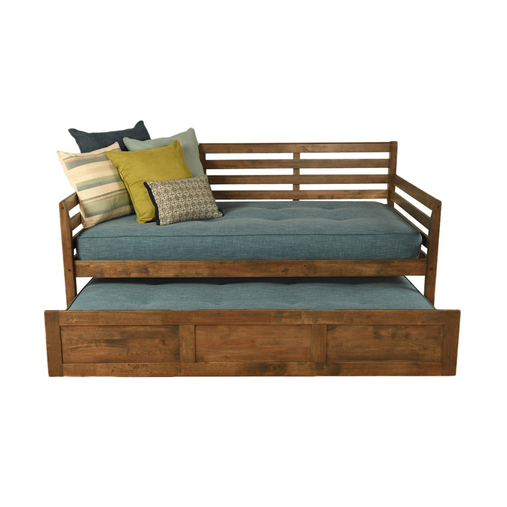 Photos - Bed Twin Yorkville Trundle Daybed Rustic Walnut/Aqua - Dual Comfort: Solid Har