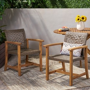 Set of 2 Dining Chairs Hampton Wood and Wicker for outdoor dining room-Christopher Knight Home - 1 of 4