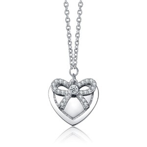 "Chic White Gold Plated Heart Shaped Pendant with Bow Tie Design – A Stylish and Elegant Accessory" - 1 of 4