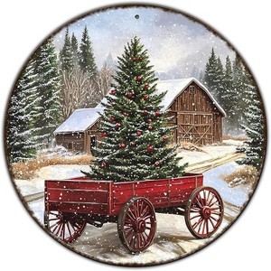 Lomsoe Round Barn Christmas Trees Metal Tin Sign Christmas Vintage Tin Sign Poster Home Wall Decor Art Winter Decor 8 * 8 in - 1 of 1