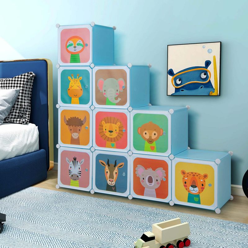 Costway 12-Cube Kids Wardrobe Baby Dresser Bedroom Armoire Clothes Hanging Closet with Door Blue/Pink, 3 of 11