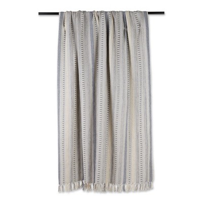 French Blue Cotton Braided Stripe Throw Blanket with Fringe