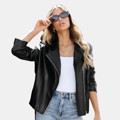 Women's Faux Leather Zip-up Moto Jacket - Cupshe-m-black : Target