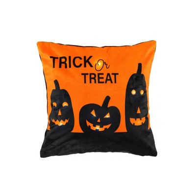 12"x12" Trick Or Treat Pumpkin LED Halloween Square Throw Pillow Orange/Black - Lush Décor: Velvet, Indoor, Zipper Closure