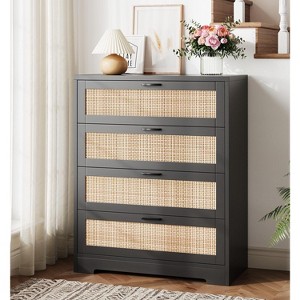 4 Drawer Dresser for Bedroom, Rattan Chest of Dressers, Modern Wood Tall Dresser with Power Outlets, Drawer Organizer Unit with Metal Handle - 1 of 4