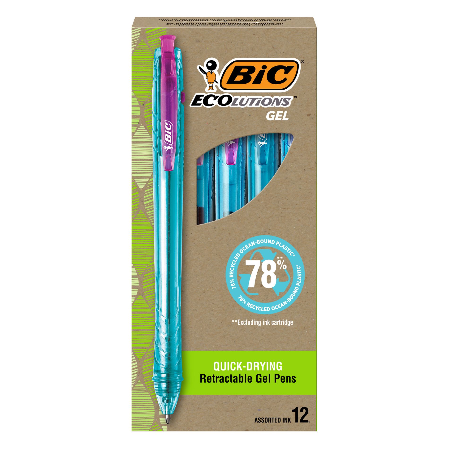 BIC Ecolutions Gel Pens, Ocean-Bound Recycled Plastic, 12-Count Pack, Assorted