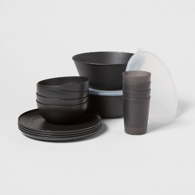 16pc Plastic Dishware Set Black - Room Essentials™