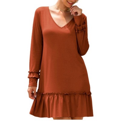 Anna-Kaci Women's Long Sleeve V Neck Ruffle Hem Mini Dress with Flowy Silhouette
