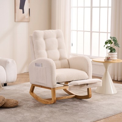 Plush Teddy Rocking Chair with Footrest,High Back Button Tufted Lounge Chair for Nursery Living Room-Baofuwish