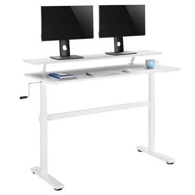 Tranzendesk Standing Desk with Clamp-On Shelf - 55" Sit to Stand Workstation with 55” Monitor Stand - White - Stand Steady