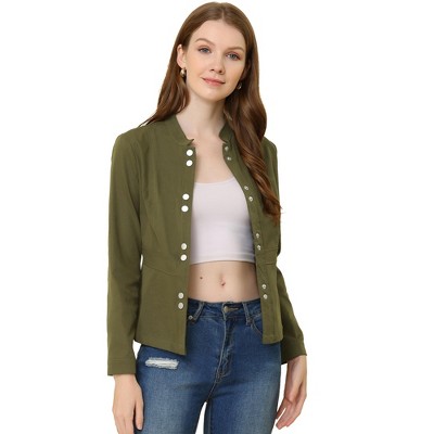 Allegra K Women's Casual Stand Collar Lightweight Long Sleeve Snap Front Jacket