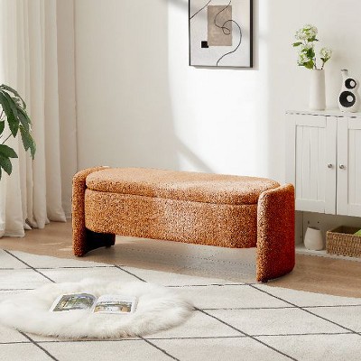 CAVINAS Oval Storage Ottoman Bench, 3D Lamb Fleece Fabric Bench with Large Storage Space, Ottoman Foot Rest for the Living Room, Entryway and Bedroom