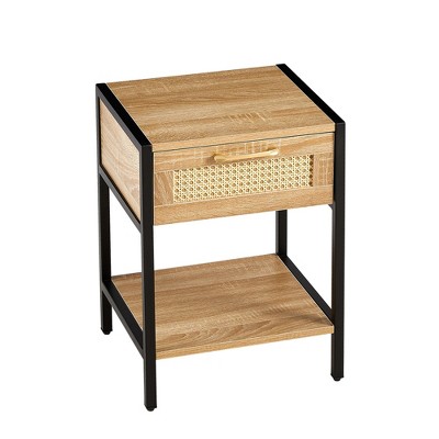 NicBex Nightstand with Rattan Drawer and Open Storage Shelf Modern End Table with Metal Legs for Bedroom,Living Room