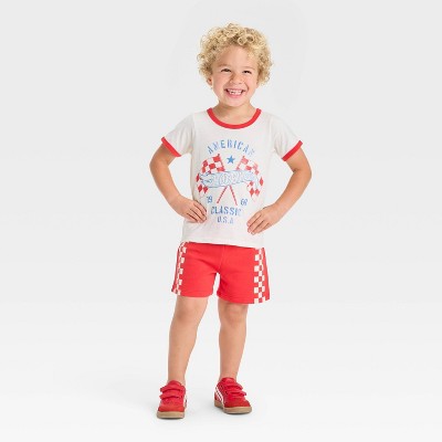 Toddler Boys' 2pc Hot Wheels Americana Short Sleeve T-Shirt and Shorts Set - Red/White
