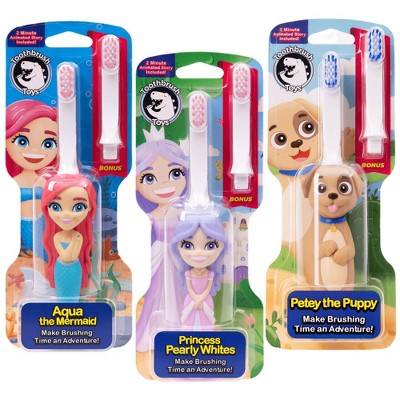 Toothbrush Toys Aqua the Mermaid, Princess Pearly Whites & Petey The Puppy 3 PK, Extra Soft Bristles with Easy Grip for Small Hands
