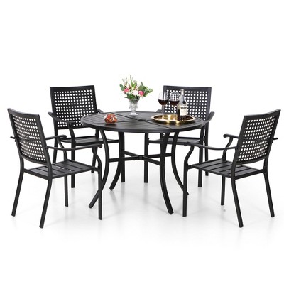 Captiva Designs 5pc Patio Dining Steel Set with Slat-top Round Table & Metal Chairs with Stylish Back