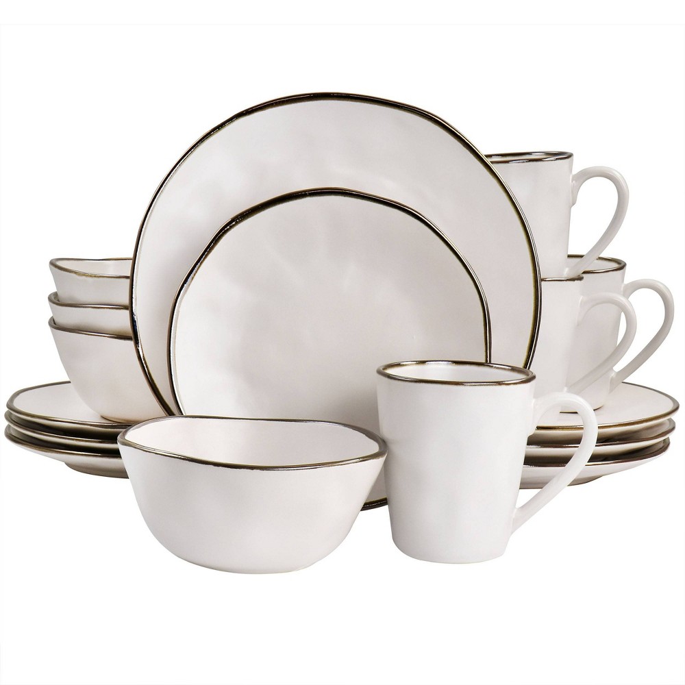 Photos - Other kitchen utensils 16pc Modern Stoneware Dinnerware Set with Rim Matte White/Gold - Elama