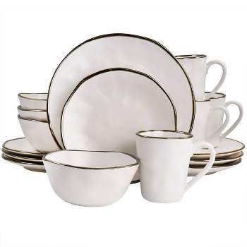 16pc Modern Stoneware Dinnerware Set with Rim Matte White/Gold - Elama