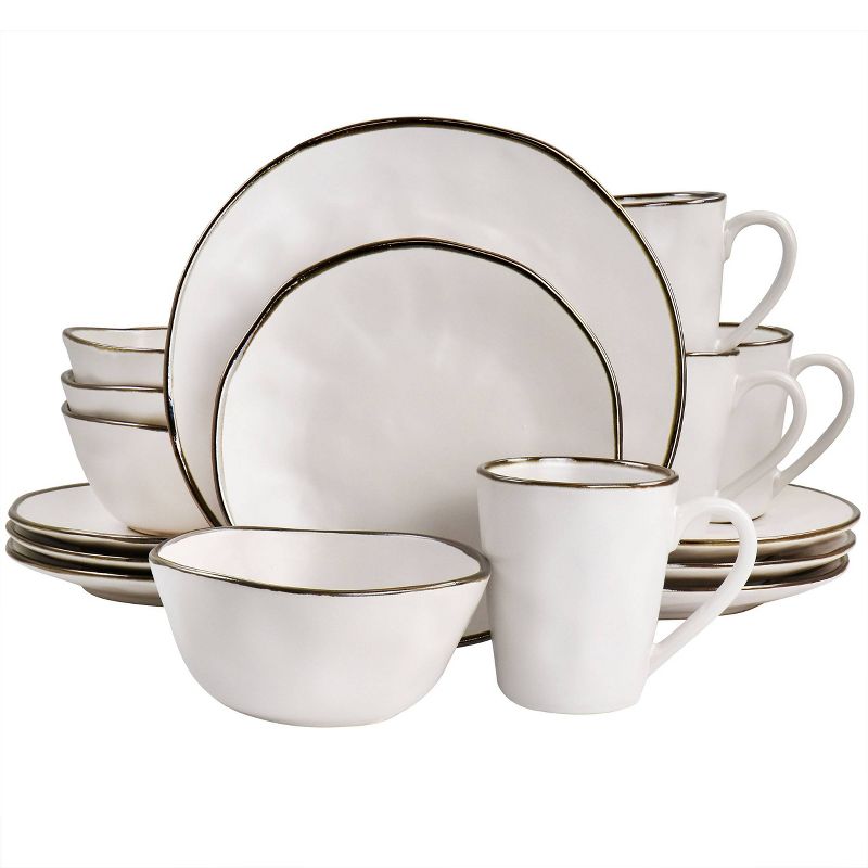 16pc Modern Stoneware Dinnerware Set with Rim Matte White/Gold - Elama, 1 of 10