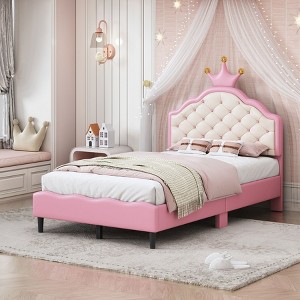 NicBex Twin/Full Size Upholstered Bed Frame with Tufted Headboard,Princess Bed with Crown Headboard for Girls,No Box Spring Needed,White+Pink - 1 of 4