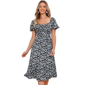 INSPIRE CHIC Women's Floral Sweetheart Neck Puff Short Sleeve A-Line Midi Dress - 1 of 4