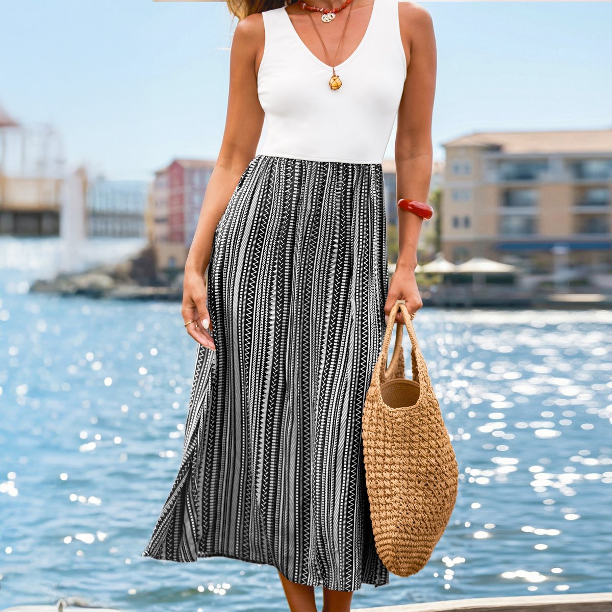 Женские платья Cupshe Women's Boho Chic Printed Maxi Dress for Beach Getaways-M-Black — фото 5