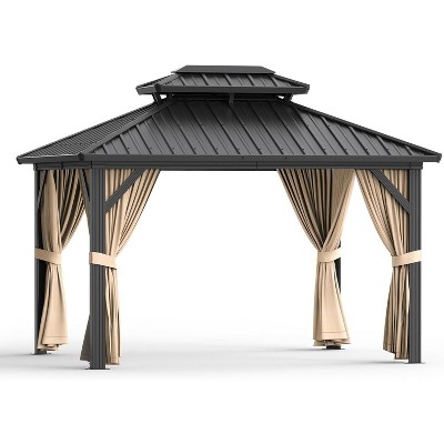 Hardtop Gazebo 10x12FT, Aluminum Frame Canopy with Double Metal Roof, with Netting, All Weather Permanent Pavilion for Backyard, Patio and Deck,Khaki