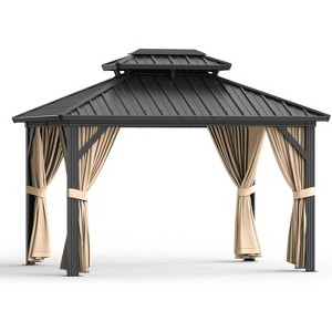 Hardtop Gazebo 10x12FT, Aluminum Frame Canopy with Double Metal Roof, with Netting, All Weather Permanent Pavilion for Backyard, Patio and Deck,Khaki - 1 of 4