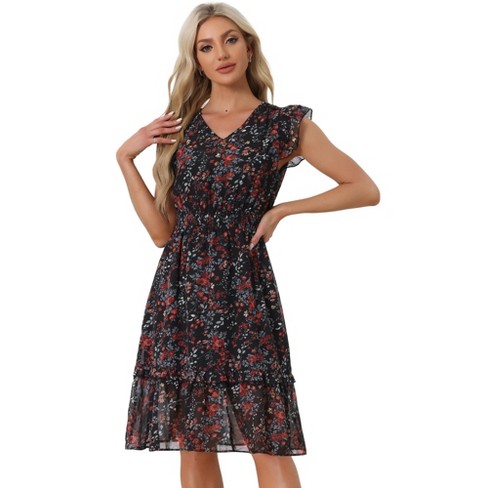 Allegra K Women's Floral Flutter Sleeves V Neck Smocked Ruffle ...