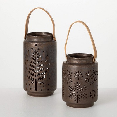 8.5"H & 11"H Sullivans Christmas Metallic Pierced Lantern Set of 2, Green-Black, Indoor Christmas Decor