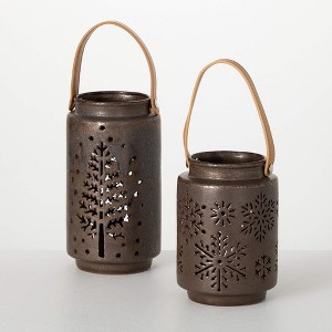 8.5"H & 11"H Sullivans Christmas Metallic Pierced Lantern Set of 2, Green-Black, Indoor Christmas Decor - 1 of 4