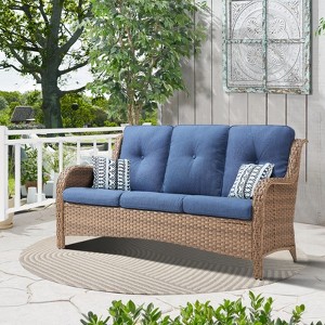 POCASSY 74" Wide Outdoor Sofa Patio Couch, All Weather Yellow Wicker 3-Seater Outdoor Furniture Sofa with Comfort Thick Cushion for Porch Deck Balcony - 1 of 4