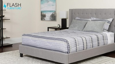 Dark Gray Twin Upholstered Platform Bed with Nailhead Trim