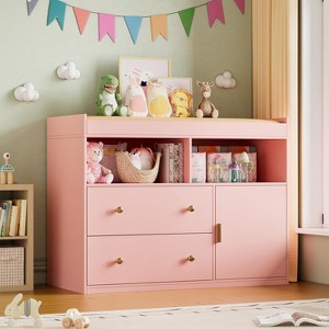 PAKASEPT 43.4" W Baby Changing Table with 2 Drawer, Pink Baby Dresser and Diaper Changing Station Organizer for Infants Newborn - 1 of 4
