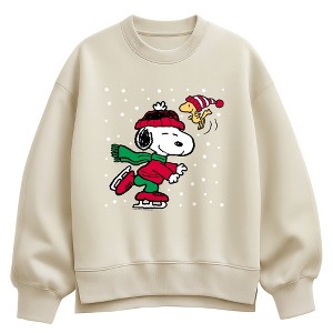 Women's Peanuts Snoopy & Woodstock Skating Oversized Fleece Crew